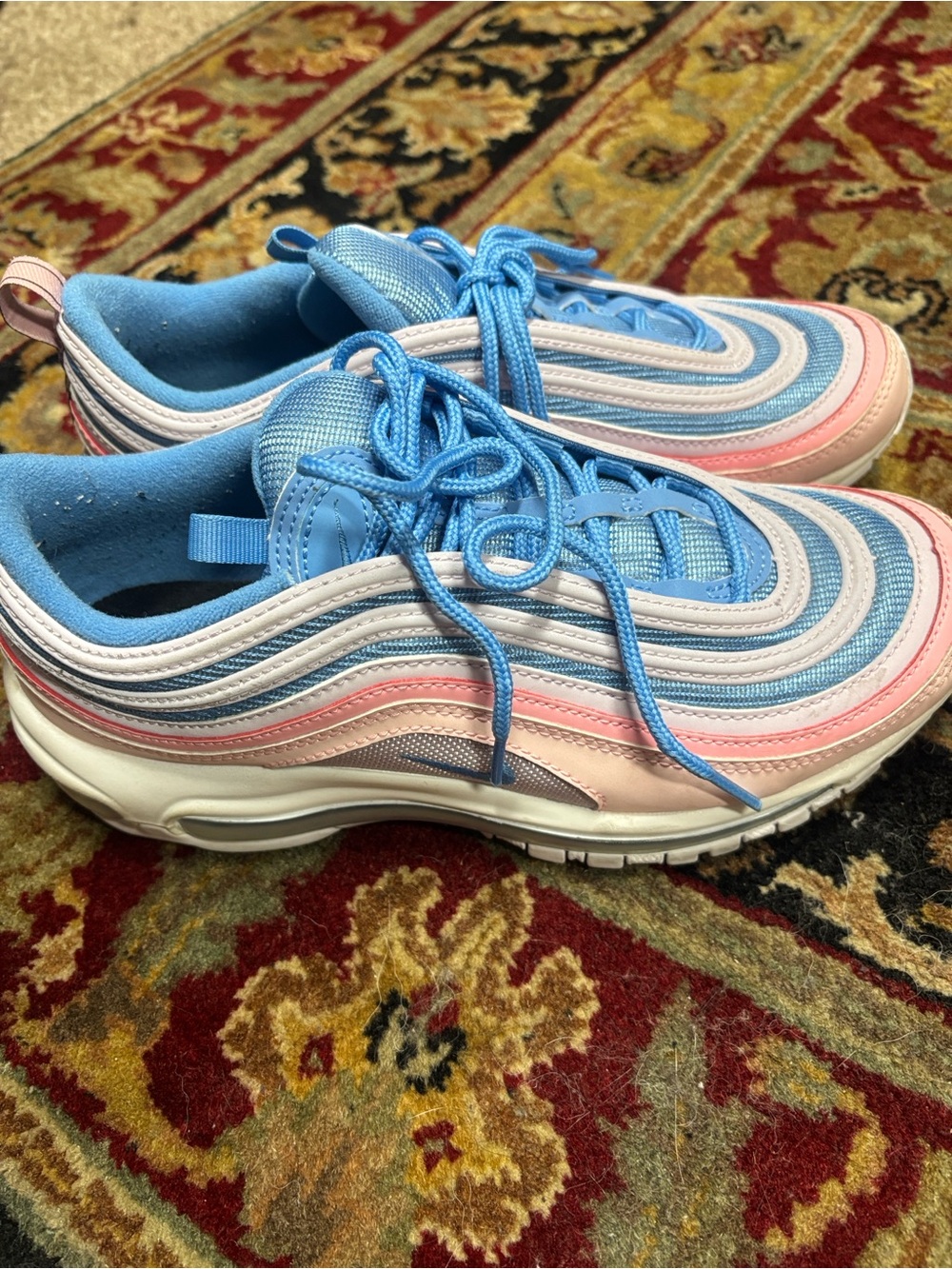 Nike Air Max 97 pink, blue and white athletic shoes - 8
